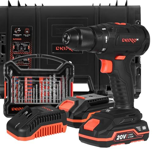 Dnipro-M CD-200BC ULTRA Taladro Atornillador Inalámbrico 20V (60 Nm, 2 Velocidades, 0-1700 rpm, Brushless), Destornillador Eléctrico, Incluye 2 Baterías 2Ah, Cargador, Caja de Herramientas y 41 Brocas