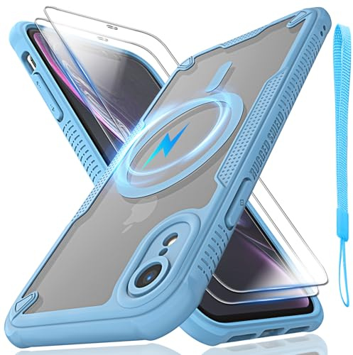 for iPhone XR Case, Translucent Matte Back Compatible with Magsafe Magnetic Slim Shockproof Protective Case with Lanyard Strap and 2*9H Tempered Glass Screen Protector Phone Cover 6.1-inch-Blue