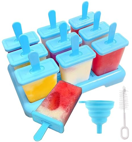 Eisformen Silikon 9 Popsicle Formen Set Eisformen Wiederverwendbar Individuelles Abtauen Eis am Stiel Formen Kommt mit Einer Reinigungsbürste und Silikon Falttrichter, Blau