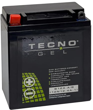 TECNO-GEL Qualitäts Motorrad-Batterie für YB12A-A/B = 12N12A-4A-1 für HON DA CB 250, CB 350, CB 400, CB 500, CB 550, CB 650, 12V Gel-Batterie 12Ah (DIN 51211, 51215), 134x80x161 mm