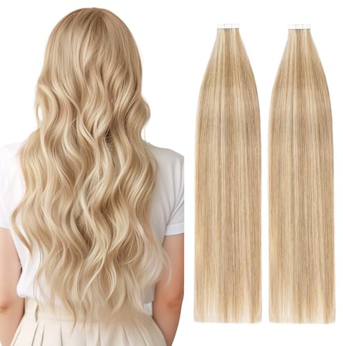 TESS Tape Extensions Echthaar Blond 40 Stück 60 cm Haarverlängerungen 100 g Tape in Extensions Echthaar (#012/613 Hellbraun/Hell-Lichtblond 40er Pack)