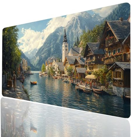 Landscape Mouse mat Water City Gaming Mouse Pad Large 28x12x0.12Inch Stitched Edges Washable, Desk Mat Non-Slip Rubber Base, Mousepad Improves Speed Precision for PC Wireless Keyboard Model-07932