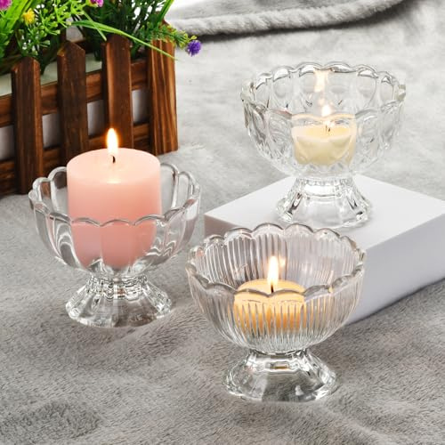 QHYK Teelichthalter Glas 6er Stück, Klarer Teelichtgläser mit weiß Teelichter, für Teelichter/Stumpenkerzen, Tischdekoration, Hochzeit, Geburtstag, Heimdekoration