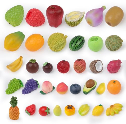 TaoQ C 35 Pièces Fruits Miniatures Artificiels en Résine Mini Fruit Réaliste Artisanat Miniatures Fruits Assortis Résineux Fraise Citron Banane pour Cuisine Jardin Gâteau Fête DIY Décoration