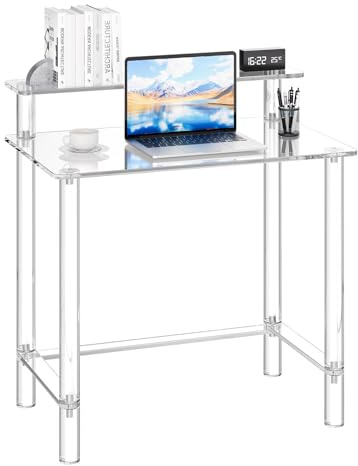 VEVOR Acrylic Table, 2 Tiers Clear Office Desk with Monitor Stand, Acrylic Study Computer Desk, Modern Side End Table Nightstand for Bedroom, Office, Study, Cloakroom, 50 x 80 x 88 cm (Clear)