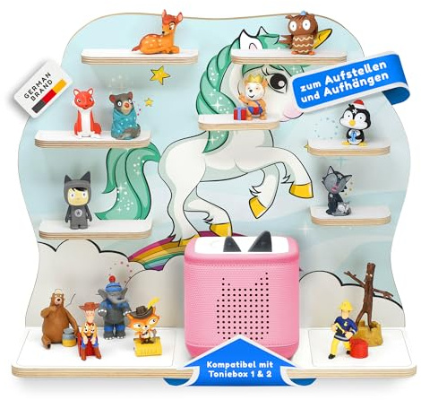 stadtecken Holzregal passend für Toniebox 2 I Geeignet für ca. 50 Tonies I Perfekte Aufbewahrung im Kinderzimmer I Regal zum Aufstellen oder Aufhängen (Einhorn, Groß)