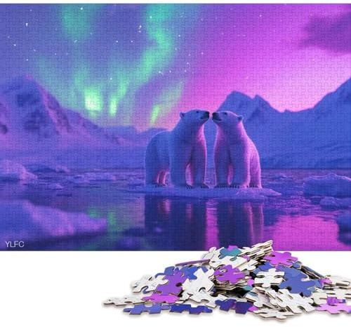 1000-teiliges Puzzle „Eisbären Nordlicht“ Kreatives quadratisches Holzpuzzle für Erwachsene 1000 Teile (75 x 50 cm)