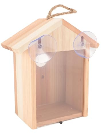 Keenso Holz-Vogelhaus mit Transparentem Fenster, Zum Aufhängen, Nistkasten für Garten, Terrasse, mit Saugnapf für Vogelbeobachter, Zeder, 18 X 10 X 21 cm