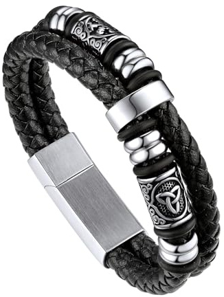 Bandmax Mens Leather Bracelet, Viking Jewellery Black Braided Rope Wristband for Men, Stainless Steel Beaded Double Layer Leather Cord