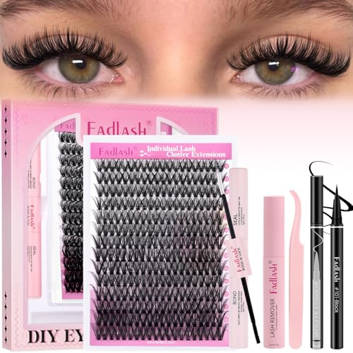 DIY Wimpernverlängerungsset Einzellaschen Clusters mit Eyeliner Schwarz Wimpernkleber und Versiegelung, Clusters Wimpernkleberentferner und Wimpernpinzette(40D-0.07D, 12-18mm, Set)
