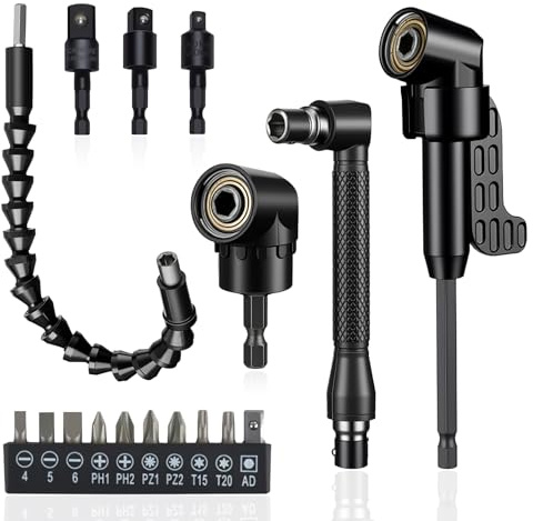 17 PCS Flexible Drill Bit Extension Set, Bendable Flexible Extension Bit Chrome Vanadium Steel 105° Right Angle Drill Attachment Rotatable Joint Socket for Tight Corner Workspace