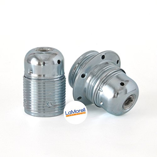 Fassung für Lampe E27, Metall Lampenfassung mit Außengewinde und Schraubringen, verzinkt mit Zugentlastung in Nickel-Finish. 2 Stück
