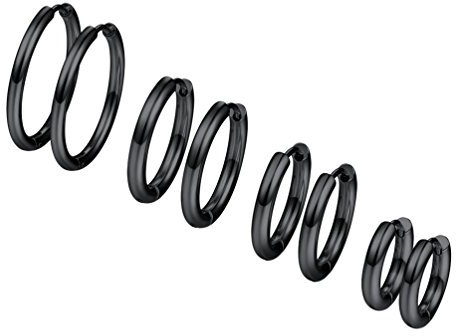 PROSTEEL 4 Paare Creolen Ohrringe Set Huggie Kreolen Ohrringe Edelstahl Hoop Klappcreolen Ohr Piercing 10mm 14mm 16mm 20mm 4 Größe Set, schwarz