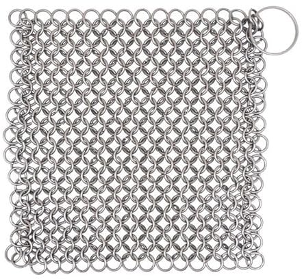 Mythrojan Gusseisen-Reiniger, 15 cm, rechteckiger Kettennetz-Schrubber mit Aufhängering, Geschirrtuch, Edelstahl-Kettennetz-Schrubber für Bratpfanne, Wok, Pfanne und Töpfe