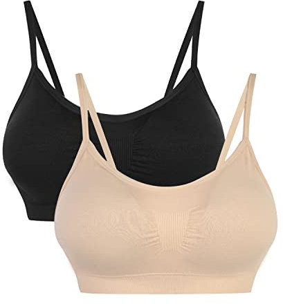 Vertvie Womens Strech Duenn Ohne Buegel Push up Yoga Sports BH Bra Top Set Fuer Fitnesstraining Polsterung 2er/3er Pack(Schwarz + Hautton, Größe M/Etiketten L)