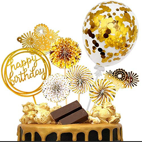 iZoeL Gold Birthday Cake Decoration Happy Birthday Cake Topper Paper Fans Banner Confetti Balloon Fireworks Golden Cupcake Topper for Gold Theme Party Decor Girl Boy Kid Women Man (Gold)