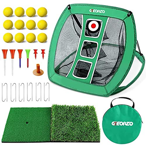GEEORZO Golf Chipping Net, Pop Up Practice Net with 2 Hitting Mats, 12 Practice Balls and Tees Accessories for Backyard Outdoor Indoor (Net+Mats+Balls(Green))