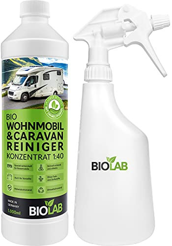 BIOLAB Bio Wohnmobil und Caravan Reiniger Set, Konzentrat (1000 ml Plus Sprayflasche zum Mischen) zur Reinigung von Wohnwagen, Vorzelt, Markise - Regenstreifen Entferner