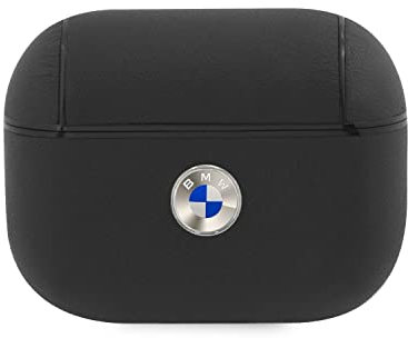 BMW – Signature Collection – PC-Echtleder, kompatibel mit Airpods RPO Hülle mit Metall-Logo, Silber – Schwarz