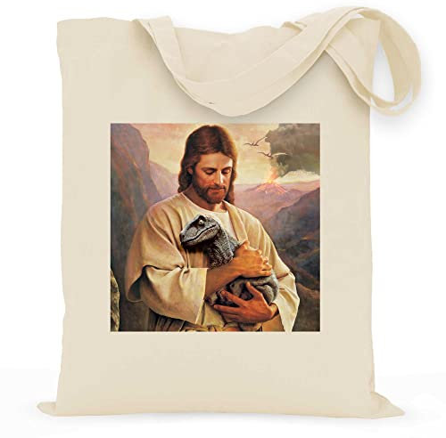 wowshirt Stoffbeutel Jutebeutel Jesus Hält Dino Dinosaur Atheist Atheismus Nerd Geek, Farbe:Natural