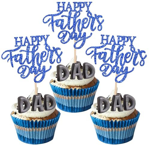 Xsstarmi 24 PCS Happy Father's Day Cupcake Toppers Glitter Love Daddy Best Father Super Dad Cupcake Picks for Happy Father's Day Birthday Party Cake Decorations Supplies Blue