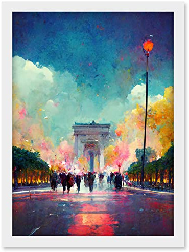 Doppelganger33 LTD Colourful Champs-Elysees And Arc De Triomphe Modern Artwork Framed Wall Art Print A4