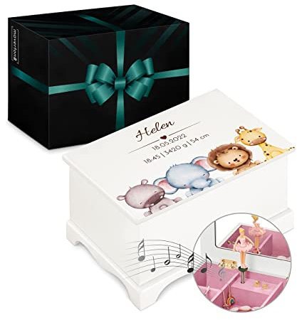 Maverton Personalised Ballet Dancer Music Box for Woman - Jewellery Treasure Box for Girls - White Wooden Case with Mirror - for Birthday - Overprinted Storage Box for her - Animals