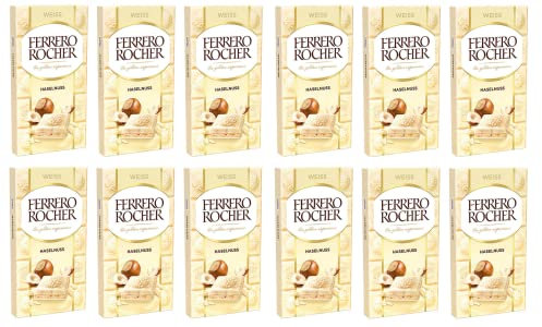 12x Ferrero Rocher Haselnuss Weißer Schokoriegel mit Haselnüssen 90g Gefüllte weiße Schokolade mit Haselnusscreme und Haselnuss-Stückchen