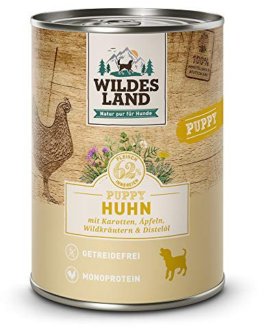 Wildes Land - Nassfutter für Hunde - Puppy Huhn - 6 x 400 g - mit Karotten, Äpfeln, Wildkräutern & Distelöl - Glutenfrei - Extra viel Fleisch - Beste Akzeptanz und Verträglichkeit