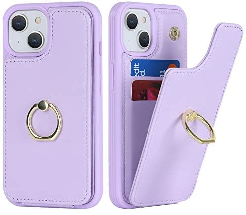 Cavor iPhone 14/13 Case With Card Holder,iPhone 14/13 Phone Case,Flip Folio Leather Wallet Case,Magnetic Ring Kickstand Shockproof Cover Case for iPhone 14/13 - Purple