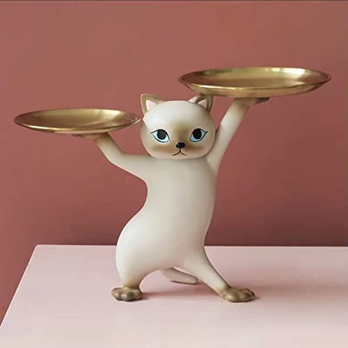 FIALAME Key Bowl for Entryway Table, Fortune Cat Statue Candy Dish for Office Desk Art Home Decor (B - Grey)