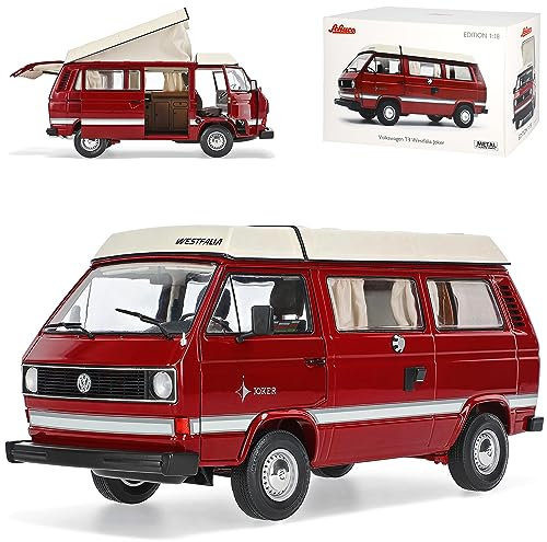 Volkwagen T3 a Joker Westfalia Camper Bus Personen Transporter Dunkel Rot mit Weiss 1979-1992 1/18 Schuco Modell Auto mit individiuellem Wunschkennzeichen