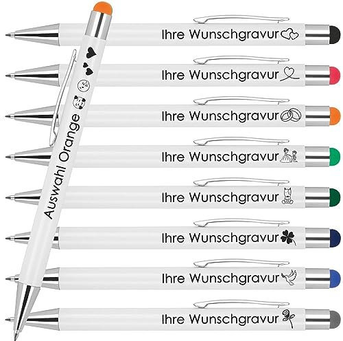 Kugelschreiber mit Wunschgravur | Werbekugelschreiber Personalisiert | Schreiben & Touchfunktion | Gummierter Oberfläche | Wunschsmbol Laser-Gravur 200 Stück Orange