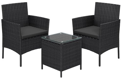 SONGMICS Balkonmöbel, Gartenmöbel-Set, aus PE-Polyrattan, Lounge-Set, Tisch und 2 Stühle, Terrassenmöbel, Outdoor, für Terrasse, Balkon, Garten, schwarz-grau GGF003B02