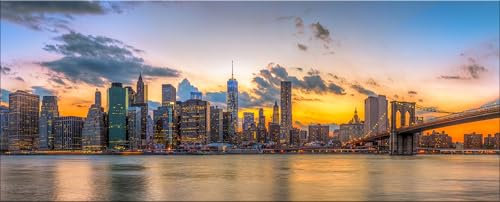 artissimo, Glasbild XXL, 125x50 cm Querformat, AG5421A, Städte: New York Skyline, Bild aus Glas groß, Wanddeko, Wandbild Wohnzimmer modern, Sonnenaufgang, Sonnenuntergang
