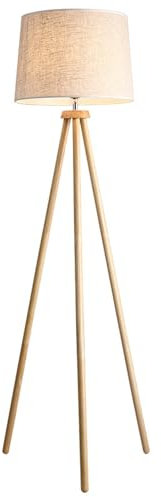 Wood Tripod Floor Lamp, Mid Century Floor Lamp, LED Modern Dimmable Standing Lamp with Beige Linen Shade for Living Room, Bedroom, Office