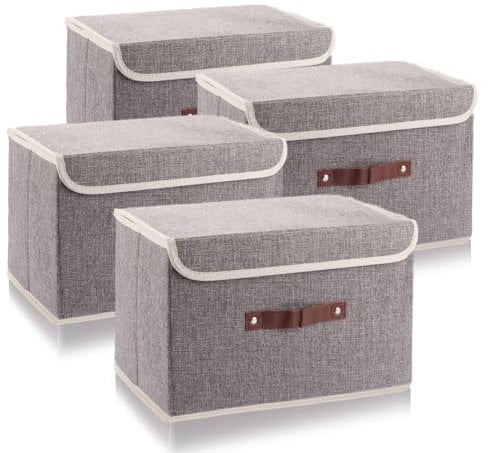 GBACHOOSE 4 Pcs Fabric Storage Box, 38x25x25cm Large Collapsible Storage Box with Lid, Linen Fabric Clothing Shelf Basket Box for Towels Clothes, Grey