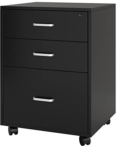 SogesPower Rollcontainer mit 3 Schubladen, abschließbarer Aktenschrank mit Rollen, Büroschrank für A4 Hängeregister, Schubladenschrank für Büro und Home Office, Schwarz
