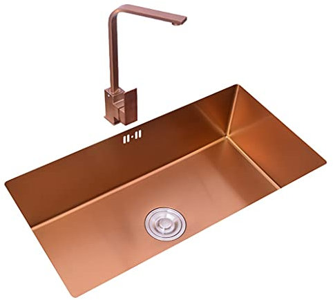 Fregadero de cocina, dorado redondo cepillado, con un grifo y drenaje de gran curva, acero inoxidable 304, instalación empotrada o empotrada, pequeño regalo