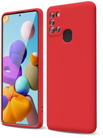 oakxco for Samsung Galaxy A21s Case Silicone, Thin Slim Grip Soft Rubber Gel Protective Phone Case for Women, Matte Plain Solid Color Aesthetic Cute Girly Case with Camera Cover, Red