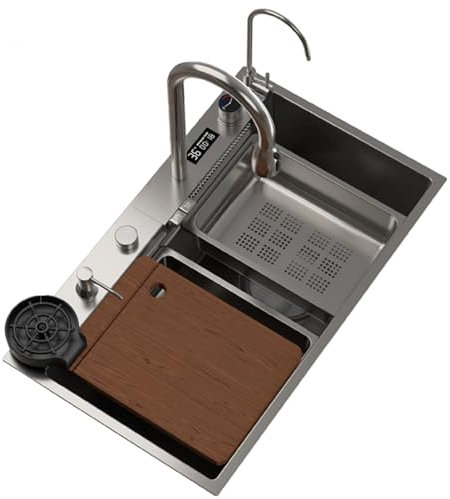Fregadero de Cocina de Acero Inoxidable Smart, Nano 304 Inoxidable con Diseño en Cascada, Display y Accesorios (Gris, 80x45CM)