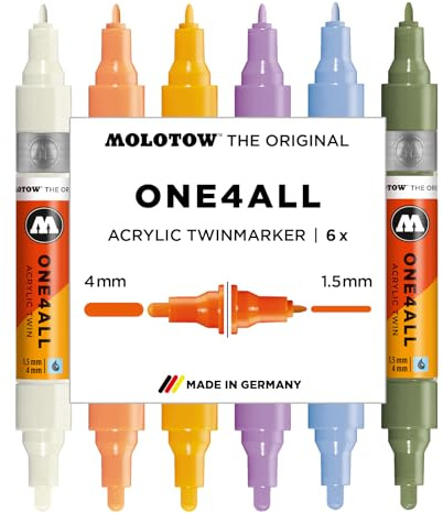 Molotow One4All Acrylic Twin Marker Pastel Modern Set (1,5 und 4,0 mm Strichstärke, hochdeckend und permanent, schnell trocknend, nachfüllbar, für fast alle Untergründe) 6 Stück sortiert