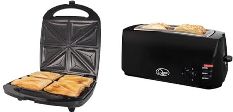 Quest 35990 4 Portion Non-Stick Toastie Maker/Easy to Clean/Student Essentials & 4 Slice Toaster Black - Extra Wide Long Slots for Crumpets and Bagels - 6 Settings