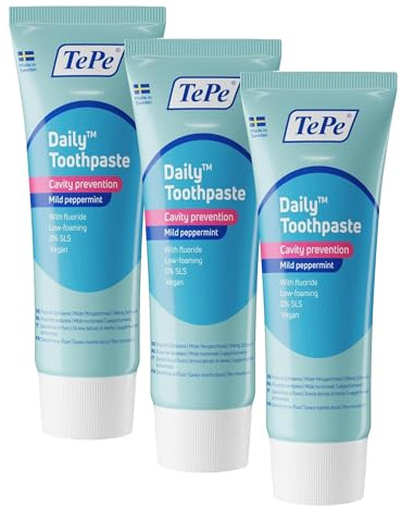 TePe Daily Zahnpasta, milder Minzgeschmack, sanfte Zahnpasta für den täglichen Gebrauch und mit altersgerechtem Fluoridgehalt zur Kariesvorbeugung (Packung mit 3)