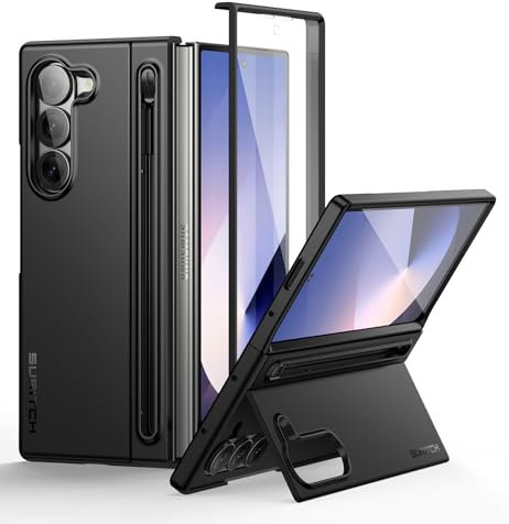 SURITCH Kompatibel mit Samsung Galaxy Z Fold 6 Hülle mit Displayschutzfolie & Ständer & S Pen Stifthalter(Kein Stift), Schutzhülle Stoßfest Handyhülle für Galaxy Z Fold 6 2024-Schwarz