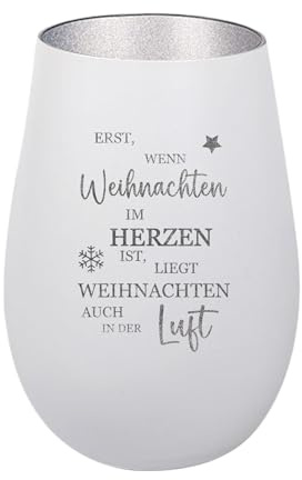 Der-Porzellan-Laden Windlicht mit Gravur Weihnachten im Herzen Weiß Silber | Teelichthalter Weihnachten aus Glas, Weihnachtsdeko Tischdeko