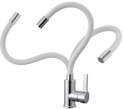 AuraLum pro Flexibler Wasserhahn Küche, Hochdruck Spültischarmatur Küche 360° Schwenkbar, Armatur küche Weiß mit Flexibler Auslauf, Küchenarmatur mit Wasserspar Wasserspar Aerator