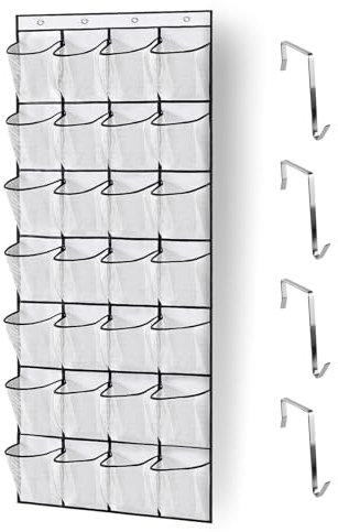 Hanging Shoe Rack Holder, Shoe Storage with Large Pockets, Hanging Shoe Storage Organiser, Mesh Pockets Hanger Holder, Over Door Storage withv 4Pcs Hooks, Organiser Wardrobe Shoe Rack for Home Office