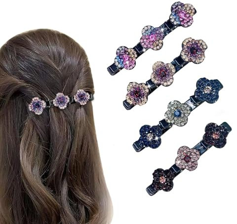 4 Stück Doppelschicht Haarspange, Geflochtene Haarspangen, Haarspangen mit funkelnden Kristallsteinen, Elegante Haarstyling-Clips Strass-Haarspange, Doppelschicht Haarspangen für Frauen Mädchen