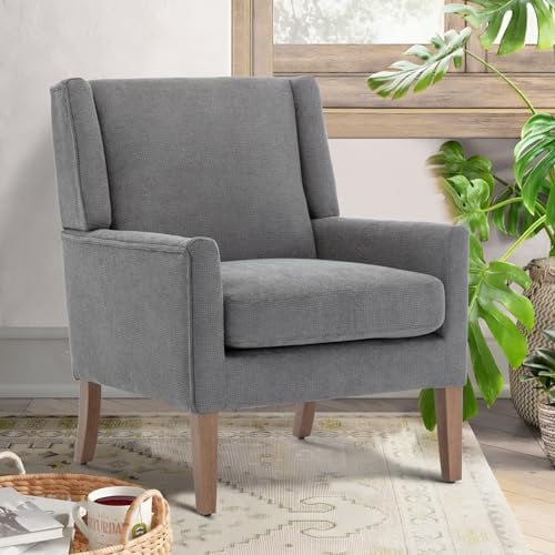COLAMY Sessel Moderner Ohrensessel für das Wohnzimmer, gepolsterter Stoff-Akzent-Fauteuil, Einzelsessel mit Lounge-Sitz und Holzbeinen für Schlafzimmer/Büro/Leseecken (Grau)